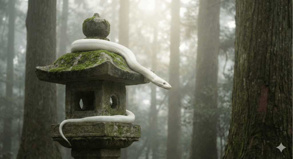 霧深い森の奥、古い神社の鳥居に佇む神秘的な白蛇
